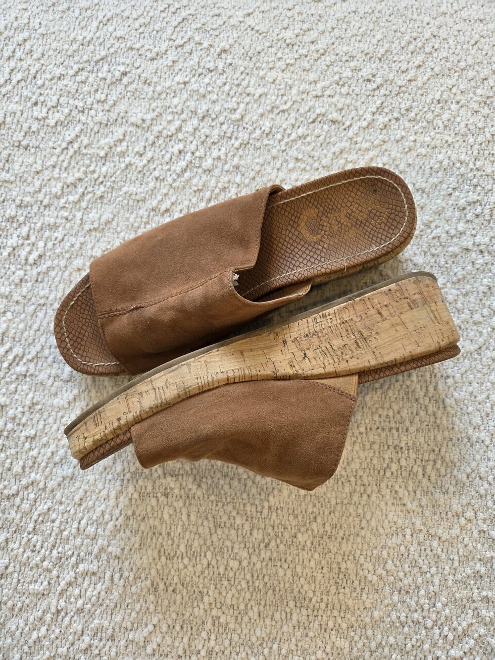 Brown Suede Look Cork Wedge Slide Sandals Size 10